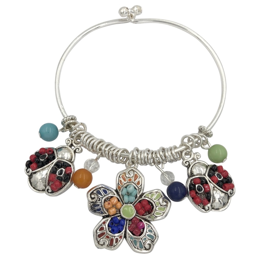 Ladybug & Flower Dangle Charm Wire Hook Bangle Bracelet